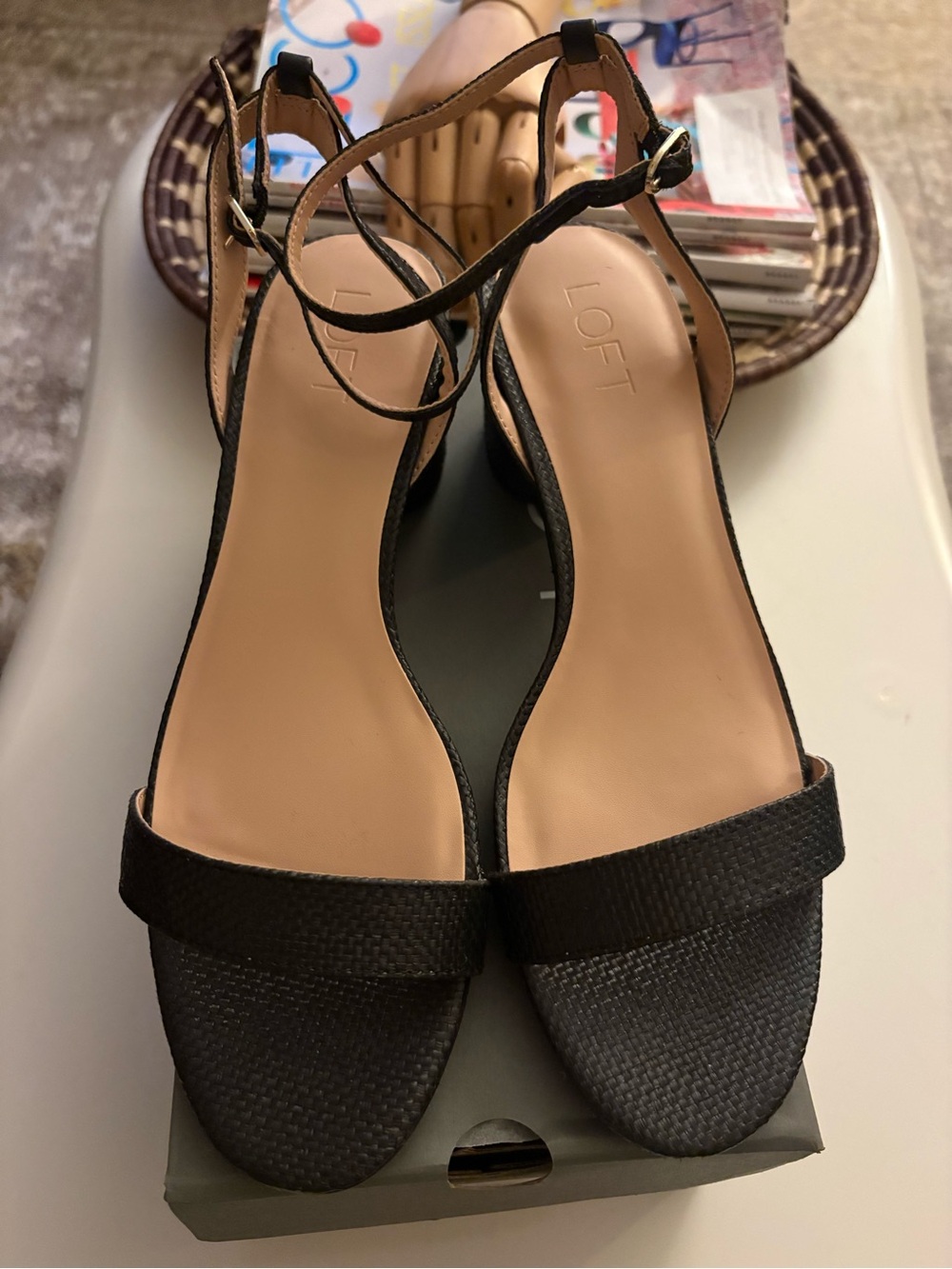 LOFT Black Textured Ankle-Strap Heels